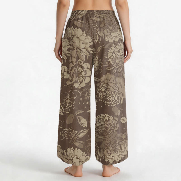 Buddha Stones Pantalones harem de algodón vintage con estampado floral de peonías y crisantemos para mujer, con cintura elástica y bolsillos laterales. - image 9