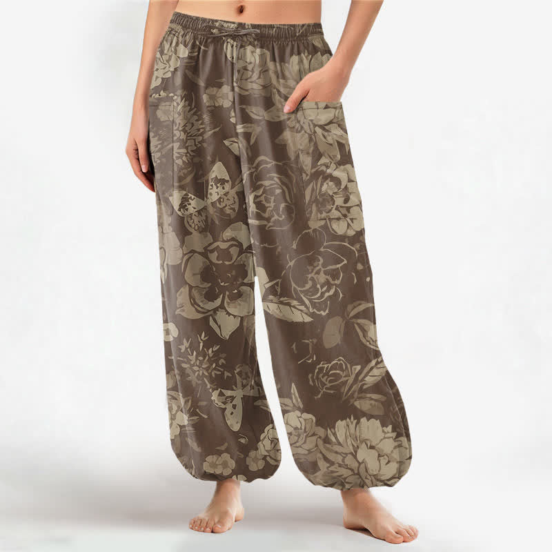 Buddha Stones Pantalones harem de algodón vintage con estampado floral de peonías y crisantemos para mujer, con cintura elástica y bolsillos laterales. - Bronceado - US16，UK/AU20，EU48 (3XL) - image 7