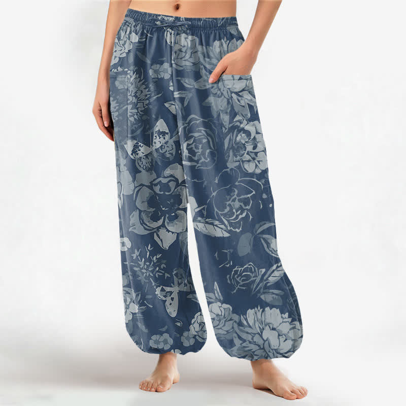 Buddha Stones Pantalones harem de algodón vintage con estampado floral de peonías y crisantemos para mujer, con cintura elástica y bolsillos laterales. - Azul acero - US16，UK/AU20，EU48 (3XL) - image 10
