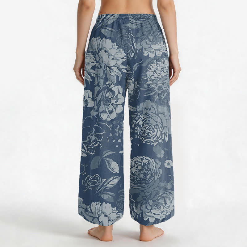 Buddha Stones Pantalones harem de algodón vintage con estampado floral de peonías y crisantemos para mujer, con cintura elástica y bolsillos laterales. - image 12