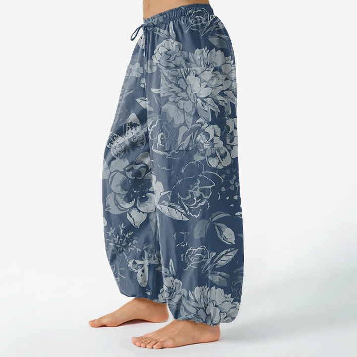 Buddha Stones Pantalones harem de algodón vintage con estampado floral de peonías y crisantemos para mujer, con cintura elástica y bolsillos laterales. - image 11