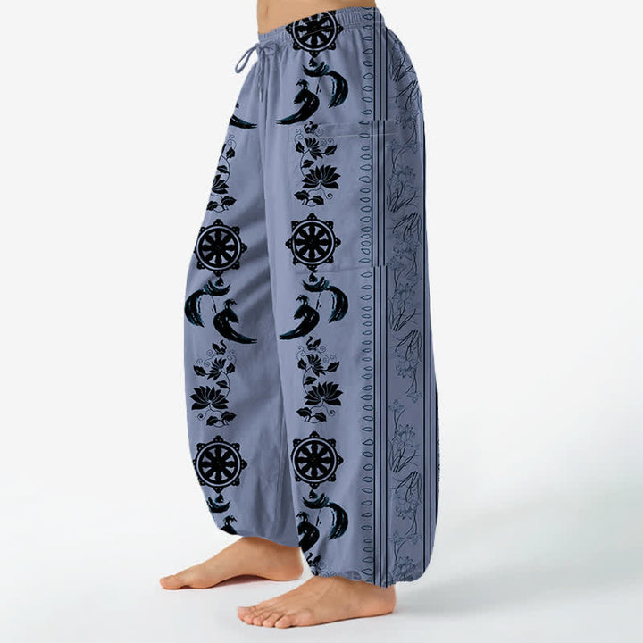 Buddha Stones Pantalones harem de algodón estilo bohemio con estampado de rayas de loto y rueda Dharma para mujer, cintura elástica y bolsillos laterales. - image 1