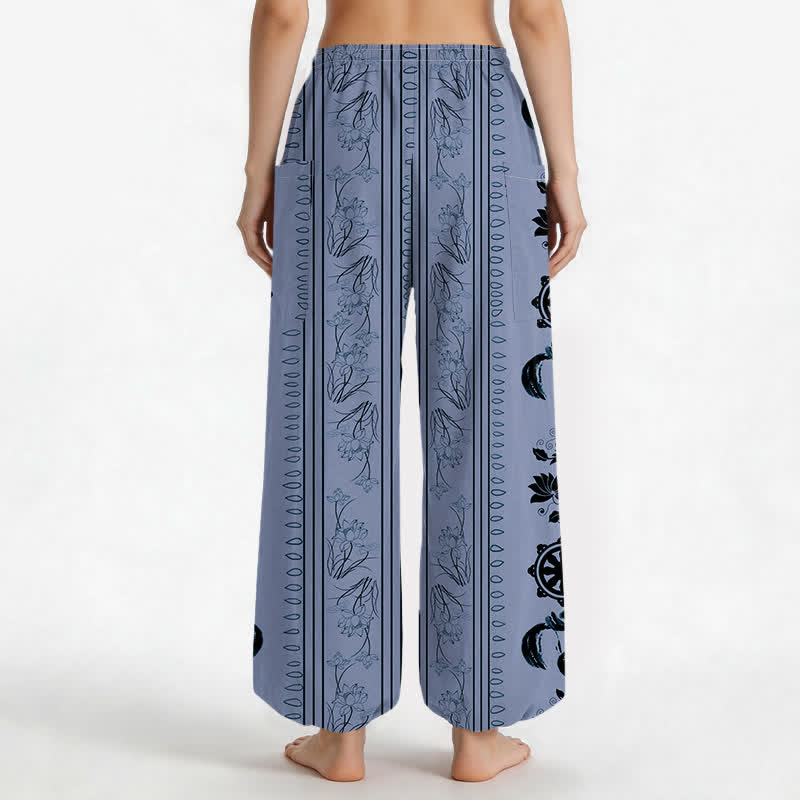 Buddha Stones Pantalones harem de algodón estilo bohemio con estampado de rayas de loto y rueda Dharma para mujer, cintura elástica y bolsillos laterales. - image 2