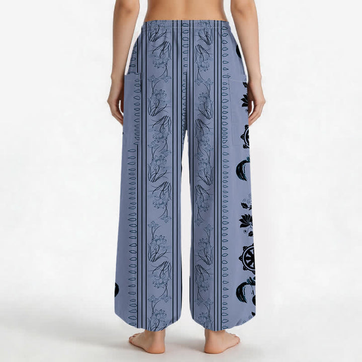 Buddha Stones Pantalones harem de algodón estilo bohemio con estampado de rayas de loto y rueda Dharma para mujer, cintura elástica y bolsillos laterales. - image 2