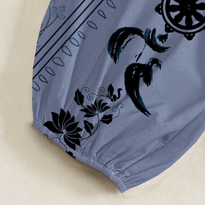 Buddha Stones Pantalones harem de algodón estilo bohemio con estampado de rayas de loto y rueda Dharma para mujer, cintura elástica y bolsillos laterales. - image 6