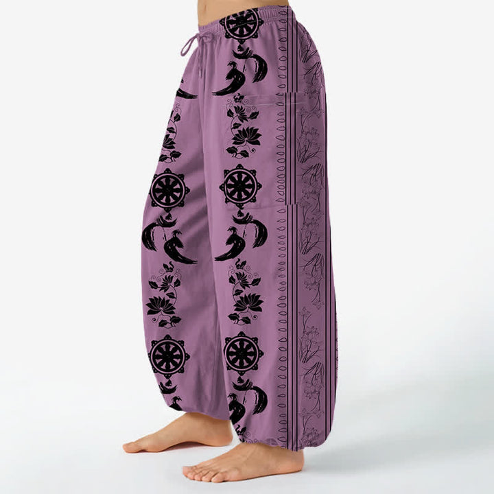 Buddha Stones Pantalones harem de algodón estilo bohemio con estampado de rayas de loto y rueda Dharma para mujer, cintura elástica y bolsillos laterales. - image 8