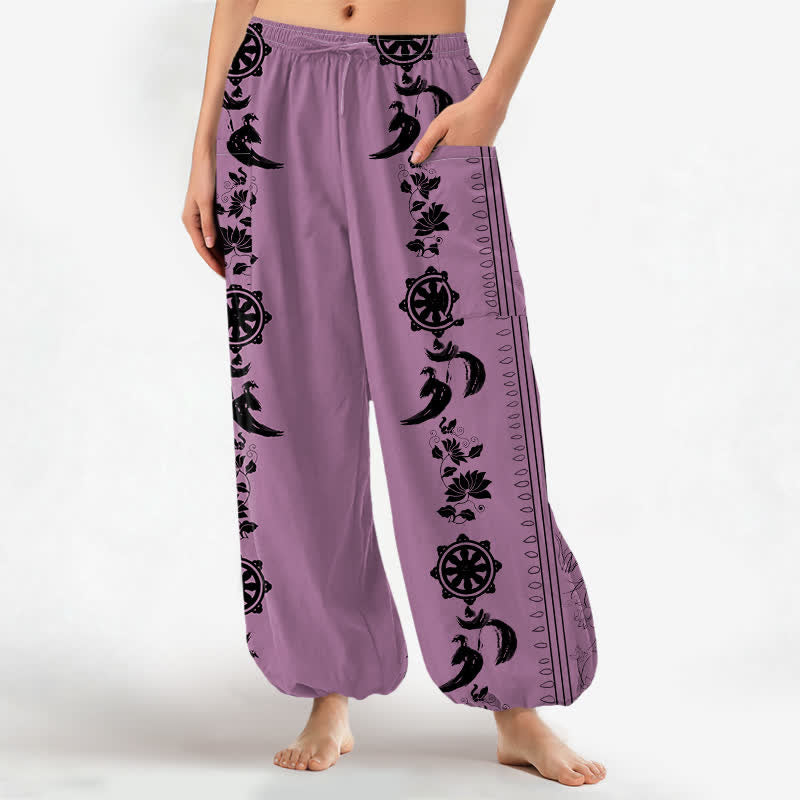Buddha Stones Pantalones harem de algodón estilo bohemio con estampado de rayas de loto y rueda Dharma para mujer, cintura elástica y bolsillos laterales. - Ciruela - US16，UK/AU20，EU48 (3XL) - image 7