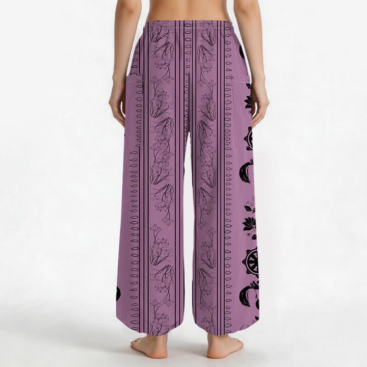 Buddha Stones Pantalones harem de algodón estilo bohemio con estampado de rayas de loto y rueda Dharma para mujer, cintura elástica y bolsillos laterales. - image 9