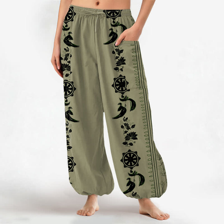 Buddha Stones Pantalones harem de algodón estilo bohemio con estampado de rayas de loto y rueda Dharma para mujer, cintura elástica y bolsillos laterales. - Verde oliva - US16，UK/AU20，EU48 (3XL) - image 10