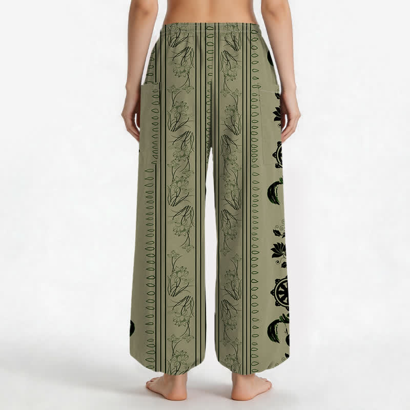 Buddha Stones Pantalones harem de algodón estilo bohemio con estampado de rayas de loto y rueda Dharma para mujer, cintura elástica y bolsillos laterales. - image 12