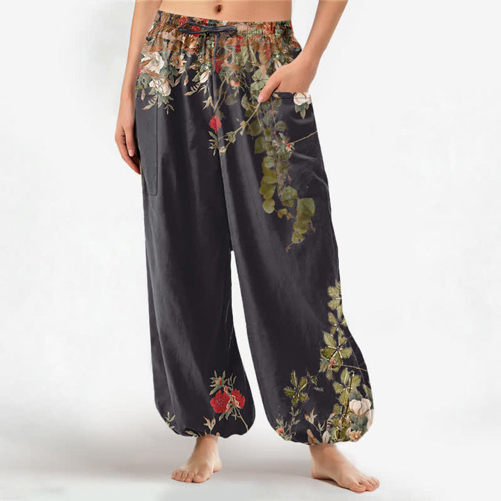 Buddha Stones Pantalones harem de algodón vintage con estampado de peonías rojas y cintura elástica para mujer, con bolsillos laterales. - Negro - US16，UK/AU20，EU48 (3XL) - image 0