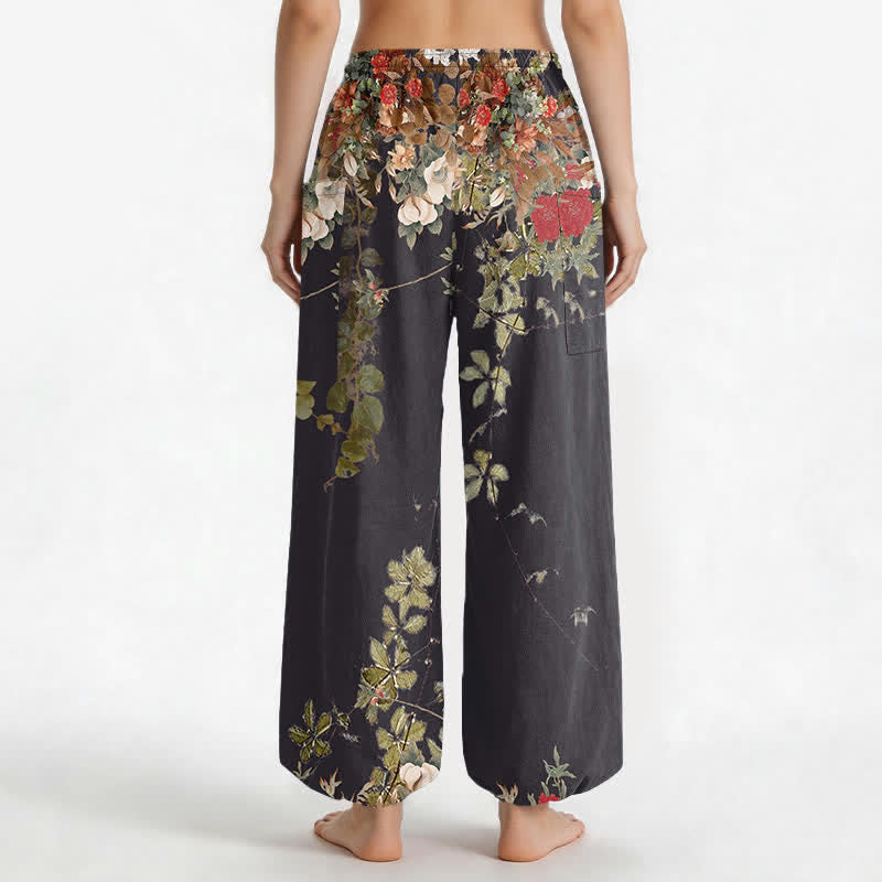 Buddha Stones Pantalones harem de algodón vintage con estampado de peonías rojas y cintura elástica para mujer, con bolsillos laterales. - image 2