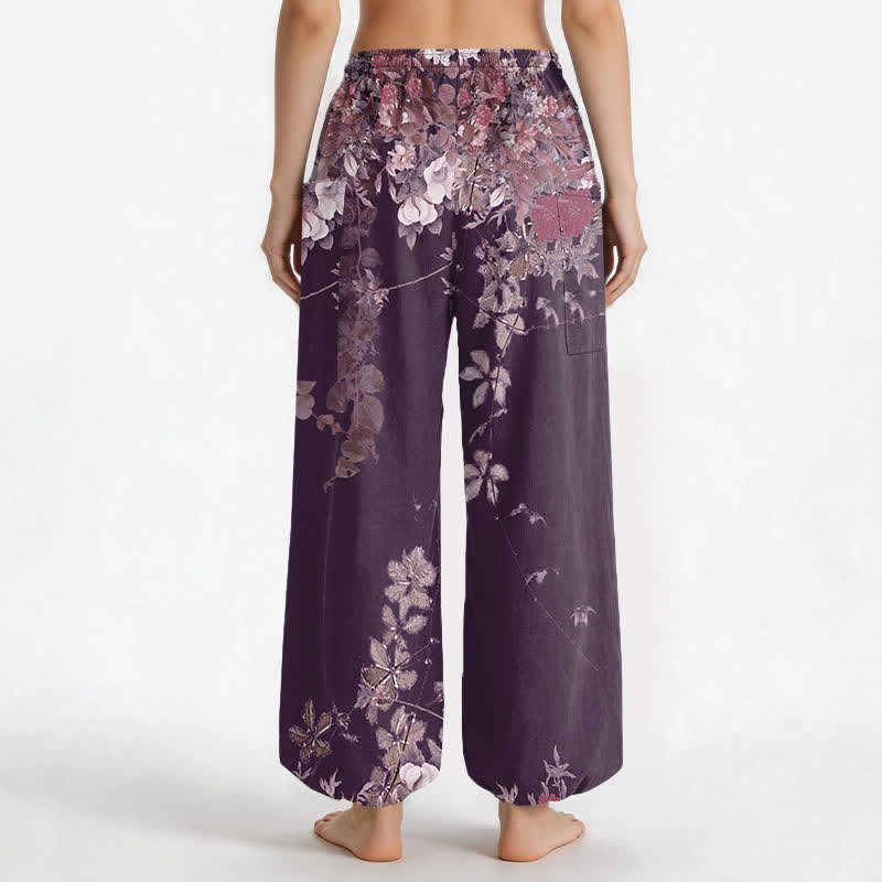 Buddha Stones Pantalones harem de algodón vintage con estampado de peonías rojas y cintura elástica para mujer, con bolsillos laterales. - image 10