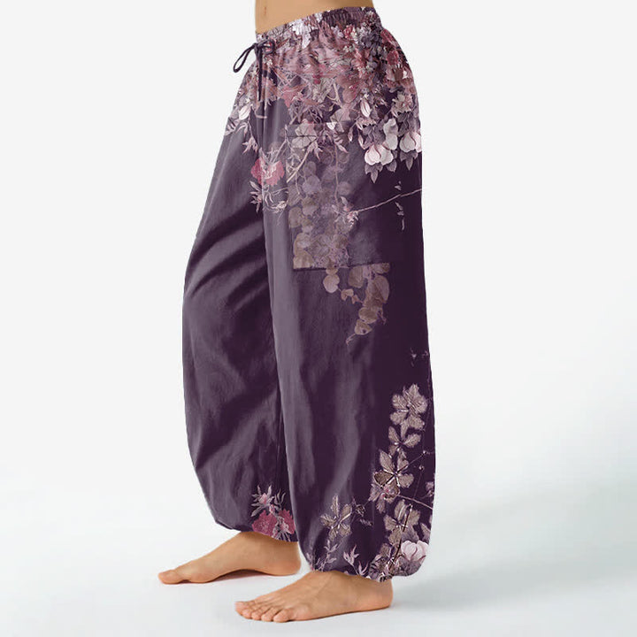 Buddha Stones Pantalones harem de algodón vintage con estampado de peonías rojas y cintura elástica para mujer, con bolsillos laterales. - image 9