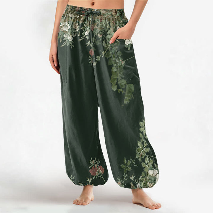 Buddha Stones Pantalones harem de algodón vintage con estampado de peonías rojas y cintura elástica para mujer, con bolsillos laterales. - Verde bosque - US16，UK/AU20，EU48 (3XL) - image 11