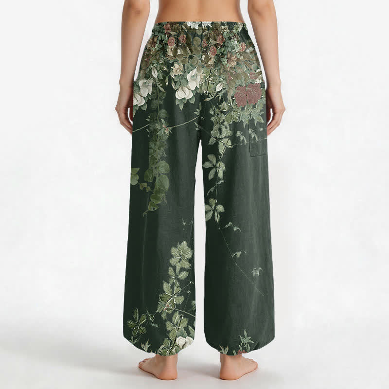 Buddha Stones Pantalones harem de algodón vintage con estampado de peonías rojas y cintura elástica para mujer, con bolsillos laterales. - image 13