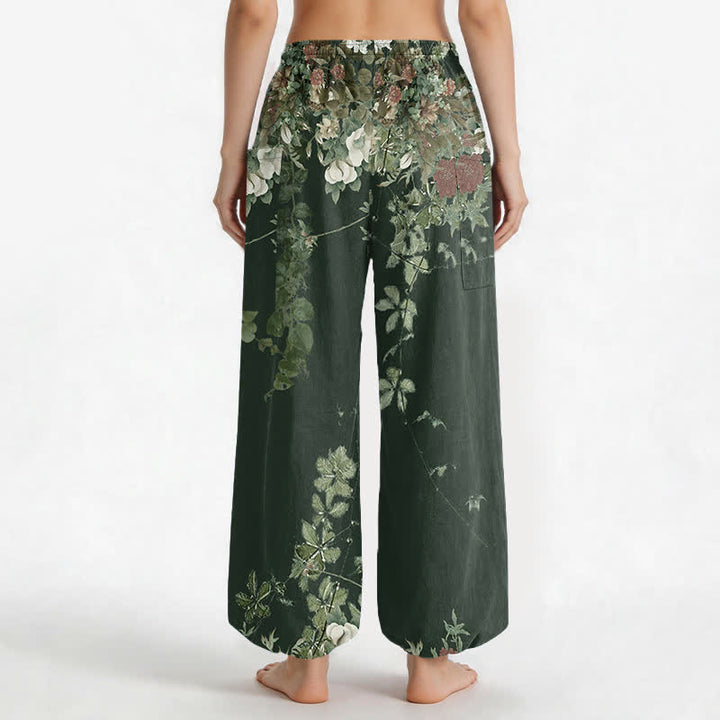 Buddha Stones Pantalones harem de algodón vintage con estampado de peonías rojas y cintura elástica para mujer, con bolsillos laterales. - image 13