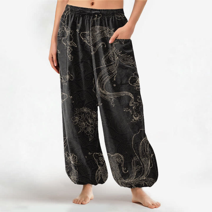 Buddha Stones Pantalones harem de algodón para mujer con estampado floral de peces koi y cintura elástica, con bolsillos laterales. - Negro - US16，UK/AU20，EU48 (3XL) - image 0
