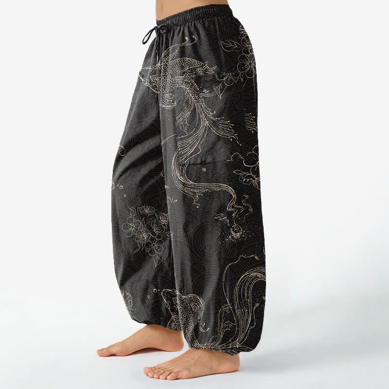 Buddha Stones Pantalones harem de algodón para mujer con estampado floral de peces koi y cintura elástica, con bolsillos laterales. - image 1