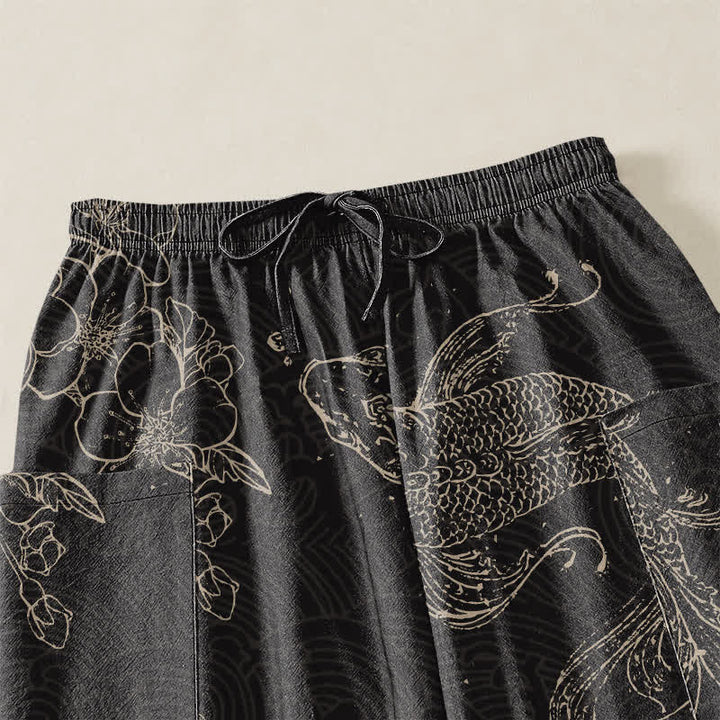 Buddha Stones Pantalones harem de algodón para mujer con estampado floral de peces koi y cintura elástica, con bolsillos laterales. - image 5