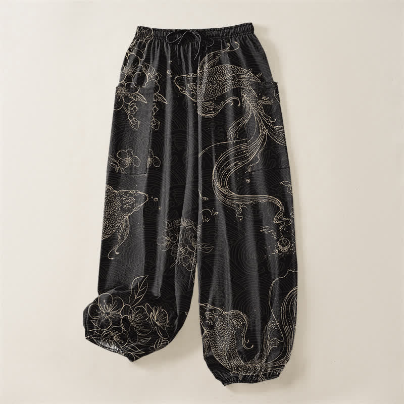 Buddha Stones Pantalones harem de algodón para mujer con estampado floral de peces koi y cintura elástica, con bolsillos laterales. - image 3