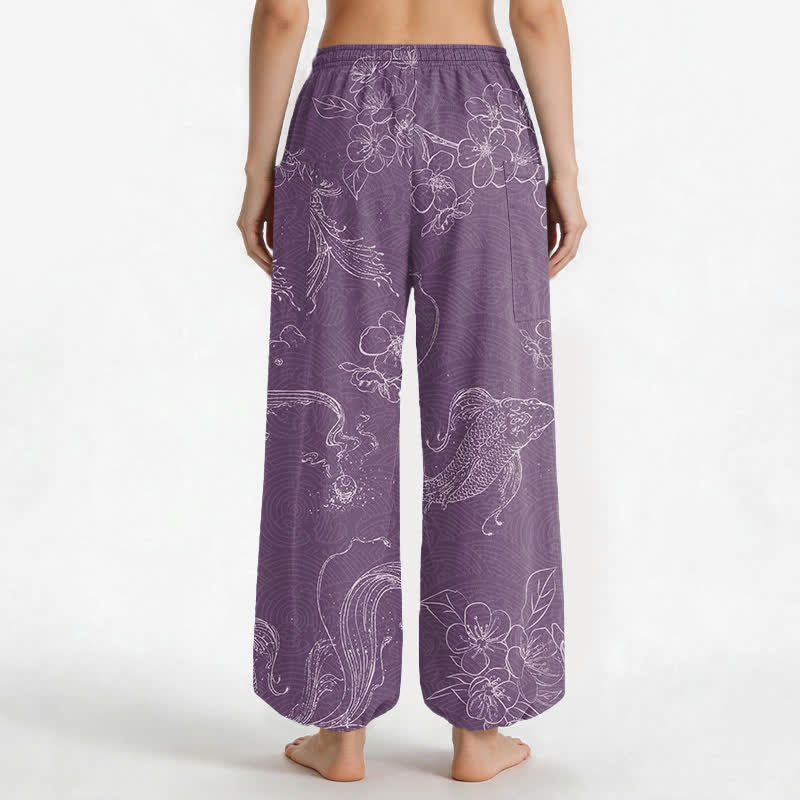 Buddha Stones Pantalones harem de algodón para mujer con estampado floral de peces koi y cintura elástica, con bolsillos laterales. - image 9