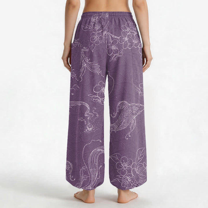 Buddha Stones Pantalones harem de algodón para mujer con estampado floral de peces koi y cintura elástica, con bolsillos laterales. - image 9
