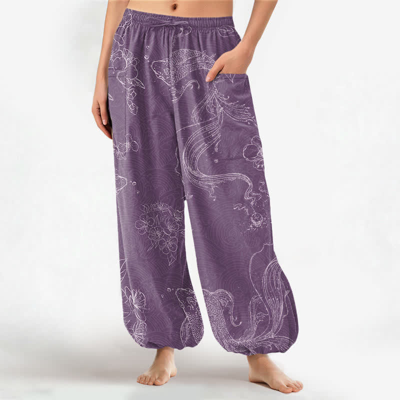Buddha Stones Pantalones harem de algodón para mujer con estampado floral de peces koi y cintura elástica, con bolsillos laterales. - Ciruela - US16，UK/AU20，EU48 (3XL) - image 7