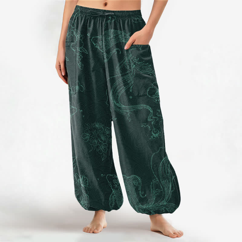 Buddha Stones Pantalones harem de algodón para mujer con estampado floral de peces koi y cintura elástica, con bolsillos laterales. - Verde azulado - US16，UK/AU20，EU48 (3XL) - image 10