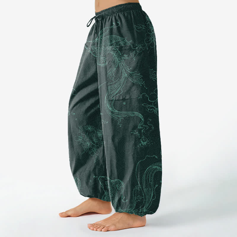 Buddha Stones Pantalones harem de algodón para mujer con estampado floral de peces koi y cintura elástica, con bolsillos laterales. - image 11