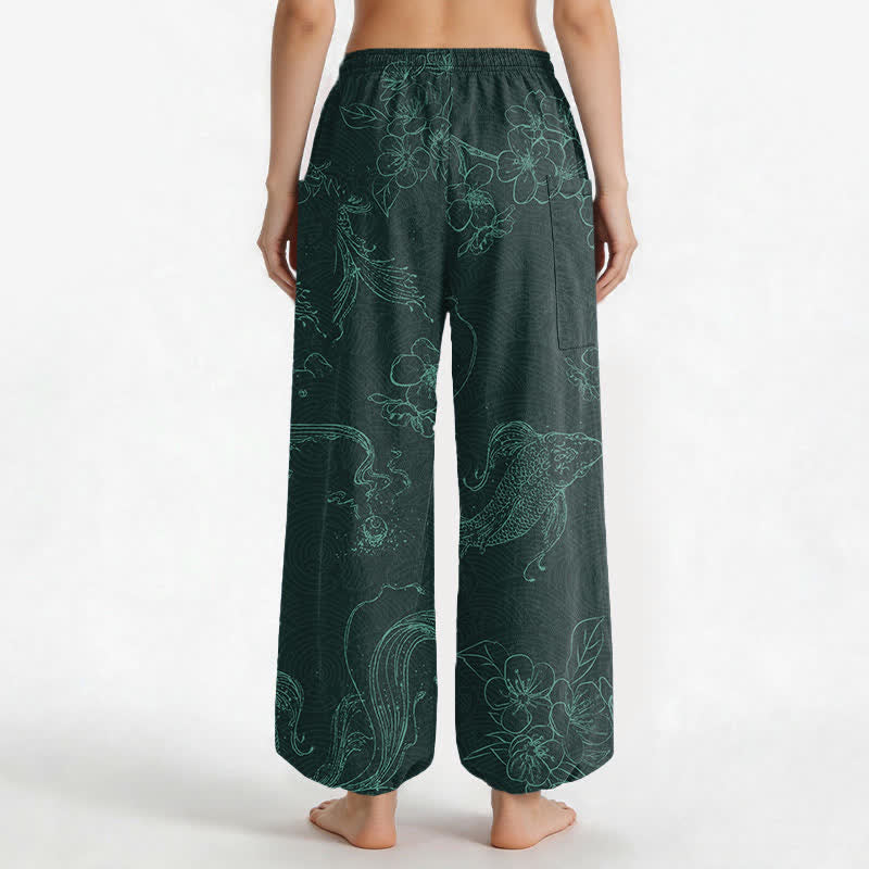 Buddha Stones Pantalones harem de algodón para mujer con estampado floral de peces koi y cintura elástica, con bolsillos laterales. - image 12
