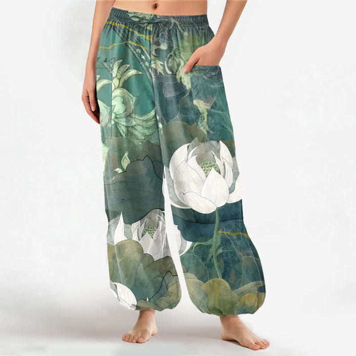 Buddha Stones Pantalones harem de algodón blanco con estampado de hojas de loto para mujer, cintura elástica y bolsillos laterales. - Verdemar - US16，UK/AU20，EU48 (3XL) - image 0
