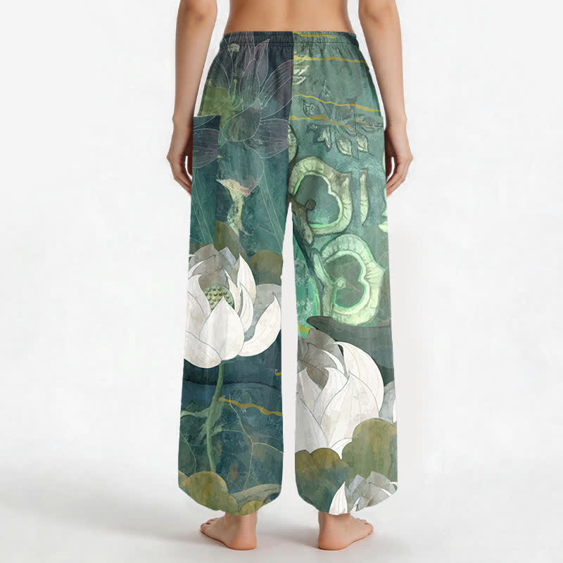 Buddha Stones Pantalones harem de algodón blanco con estampado de hojas de loto para mujer, cintura elástica y bolsillos laterales. - image 2