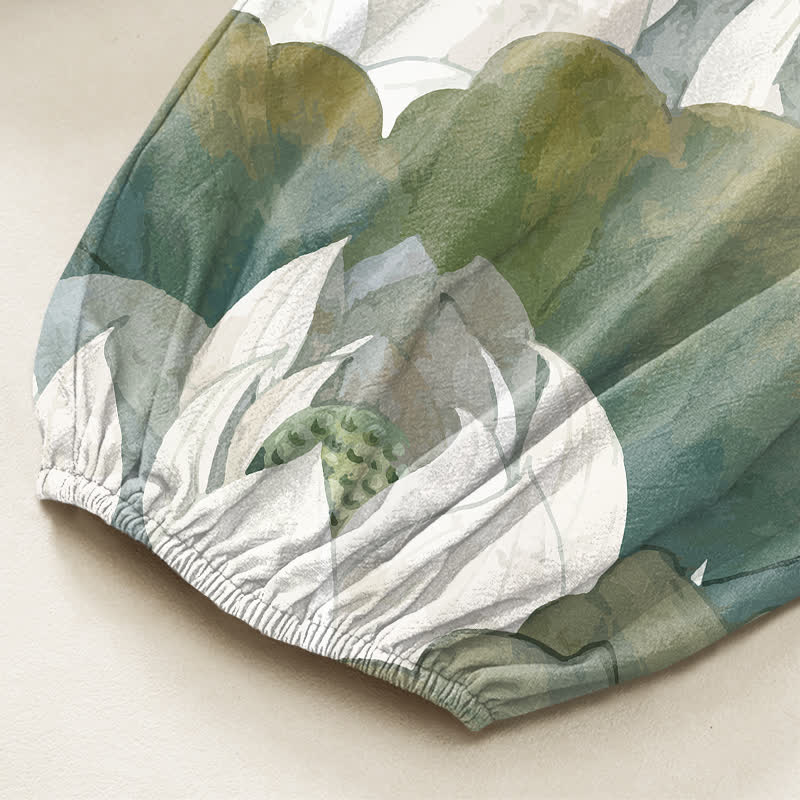 Buddha Stones Pantalones harem de algodón blanco con estampado de hojas de loto para mujer, cintura elástica y bolsillos laterales. - image 6