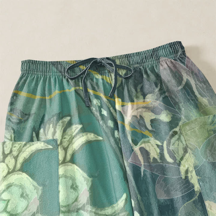 Buddha Stones Pantalones harem de algodón blanco con estampado de hojas de loto para mujer, cintura elástica y bolsillos laterales. - image 5