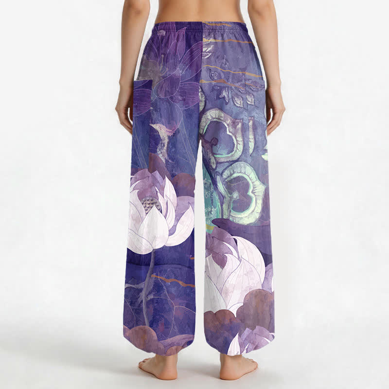 Buddha Stones Pantalones harem de algodón blanco con estampado de hojas de loto para mujer, cintura elástica y bolsillos laterales. - image 12