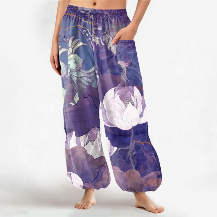 Buddha Stones Pantalones harem de algodón blanco con estampado de hojas de loto para mujer, cintura elástica y bolsillos laterales. - Morado medio - US16，UK/AU20，EU48 (3XL) - image 10