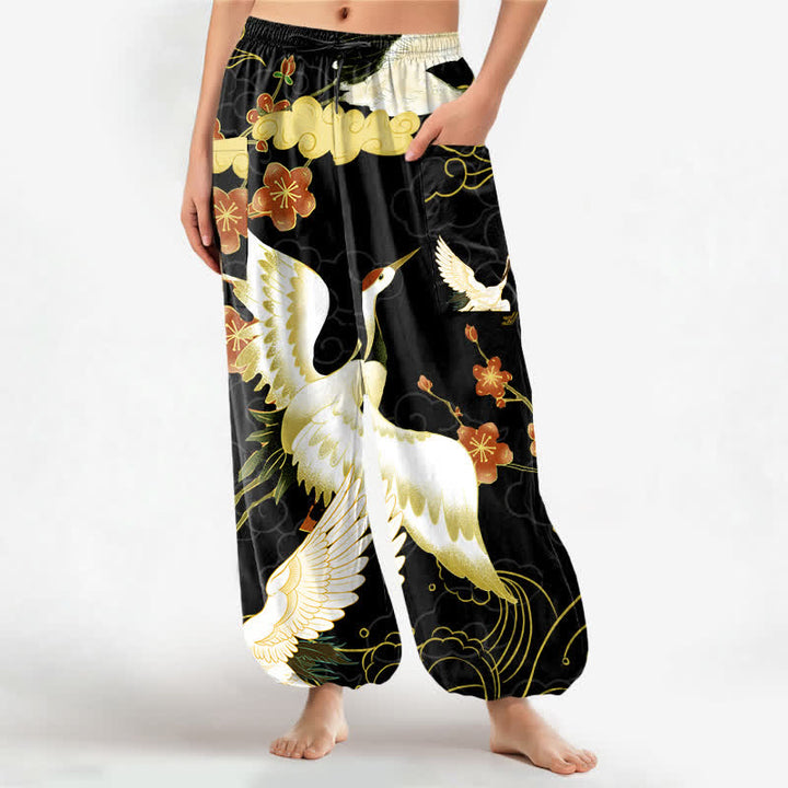 Buddha Stones Pantalones harem de algodón con estampado de grulla oriental, flores y nubes para mujer, cintura elástica y bolsillos laterales. - Negro - US16，UK/AU20，EU48 (3XL) - image 0