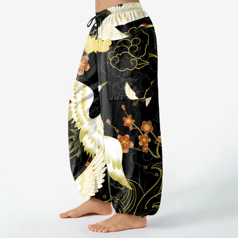 Buddha Stones Pantalones harem de algodón con estampado de grulla oriental, flores y nubes para mujer, cintura elástica y bolsillos laterales. - image 1