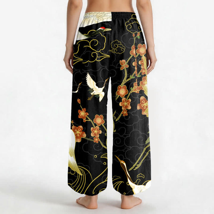 Buddha Stones Pantalones harem de algodón con estampado de grulla oriental, flores y nubes para mujer, cintura elástica y bolsillos laterales. - image 2