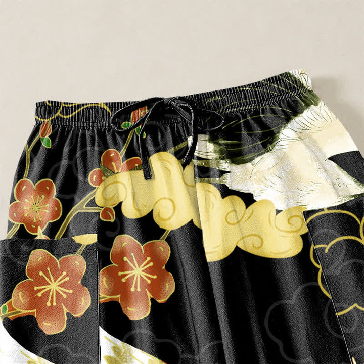 Buddha Stones Pantalones harem de algodón con estampado de grulla oriental, flores y nubes para mujer, cintura elástica y bolsillos laterales. - image 5