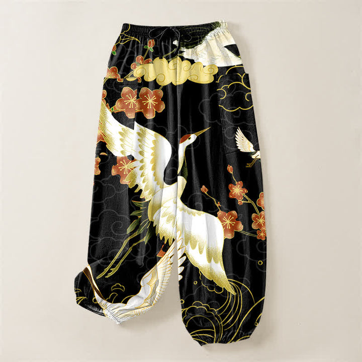 Buddha Stones Pantalones harem de algodón con estampado de grulla oriental, flores y nubes para mujer, cintura elástica y bolsillos laterales. - image 3