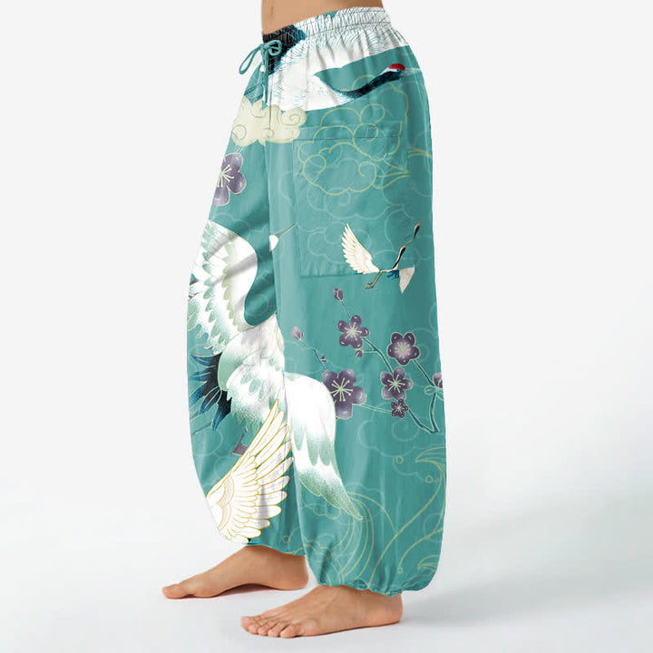 Buddha Stones Pantalones harem de algodón con estampado de grulla oriental, flores y nubes para mujer, cintura elástica y bolsillos laterales. - image 8