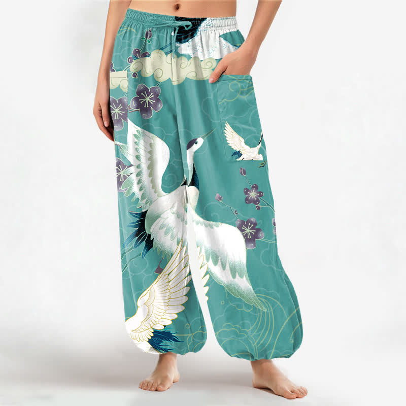 Buddha Stones Pantalones harem de algodón con estampado de grulla oriental, flores y nubes para mujer, cintura elástica y bolsillos laterales. - Turquesa - US16，UK/AU20，EU48 (3XL) - image 7