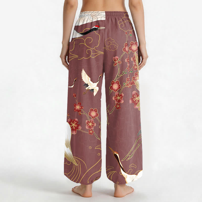 Buddha Stones Pantalones harem de algodón con estampado de grulla oriental, flores y nubes para mujer, cintura elástica y bolsillos laterales. - image 12