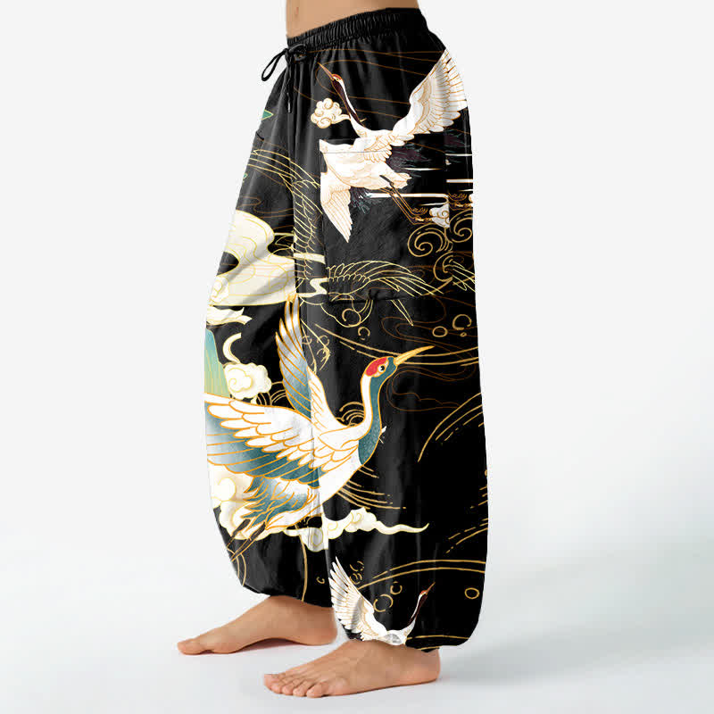 Buddha Stones Pantalones harem de algodón con estampado de grullas orientales y olas, cintura elástica y bolsillos laterales para mujer. - image 1