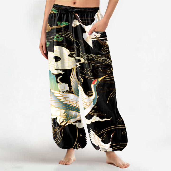 Buddha Stones Pantalones harem de algodón con estampado de grullas orientales y olas, cintura elástica y bolsillos laterales para mujer. - Negro - US16，UK/AU20，EU48 (3XL) - image 0