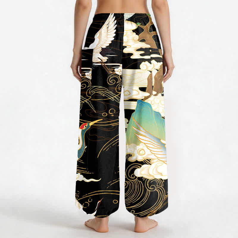 Buddha Stones Pantalones harem de algodón con estampado de grullas orientales y olas, cintura elástica y bolsillos laterales para mujer. - image 2