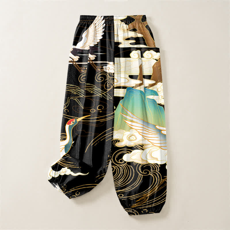 Buddha Stones Pantalones harem de algodón con estampado de grullas orientales y olas, cintura elástica y bolsillos laterales para mujer. - image 4