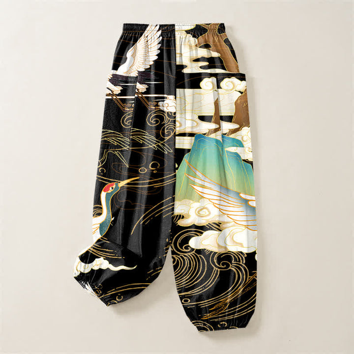 Buddha Stones Pantalones harem de algodón con estampado de grullas orientales y olas, cintura elástica y bolsillos laterales para mujer. - image 4